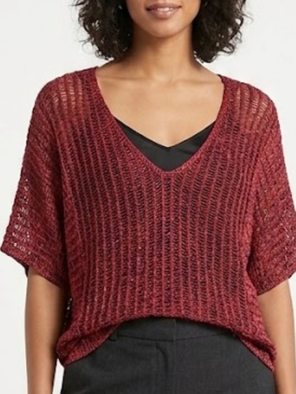 Chico's Open-Knit V-Neck Sweater in Burgundy